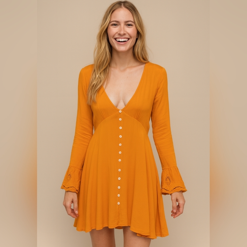 Chelsea‎ & Violet Orange Y2K Babydoll Festival Bell Sleeves Button Up Tunic Sz M